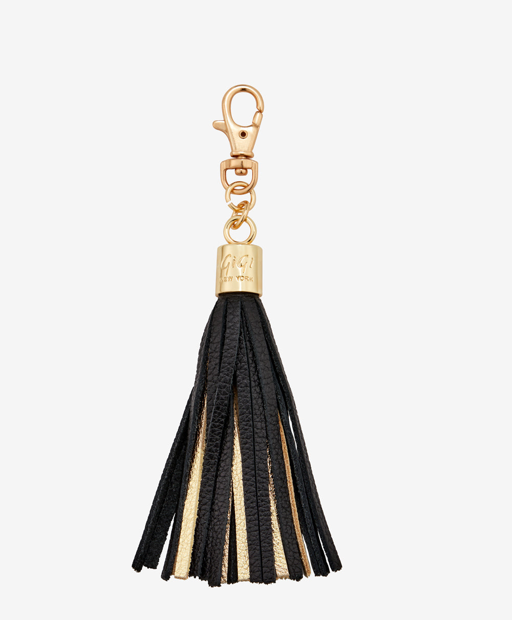 Leather Tassel Bag Charm Black and Gold Leather