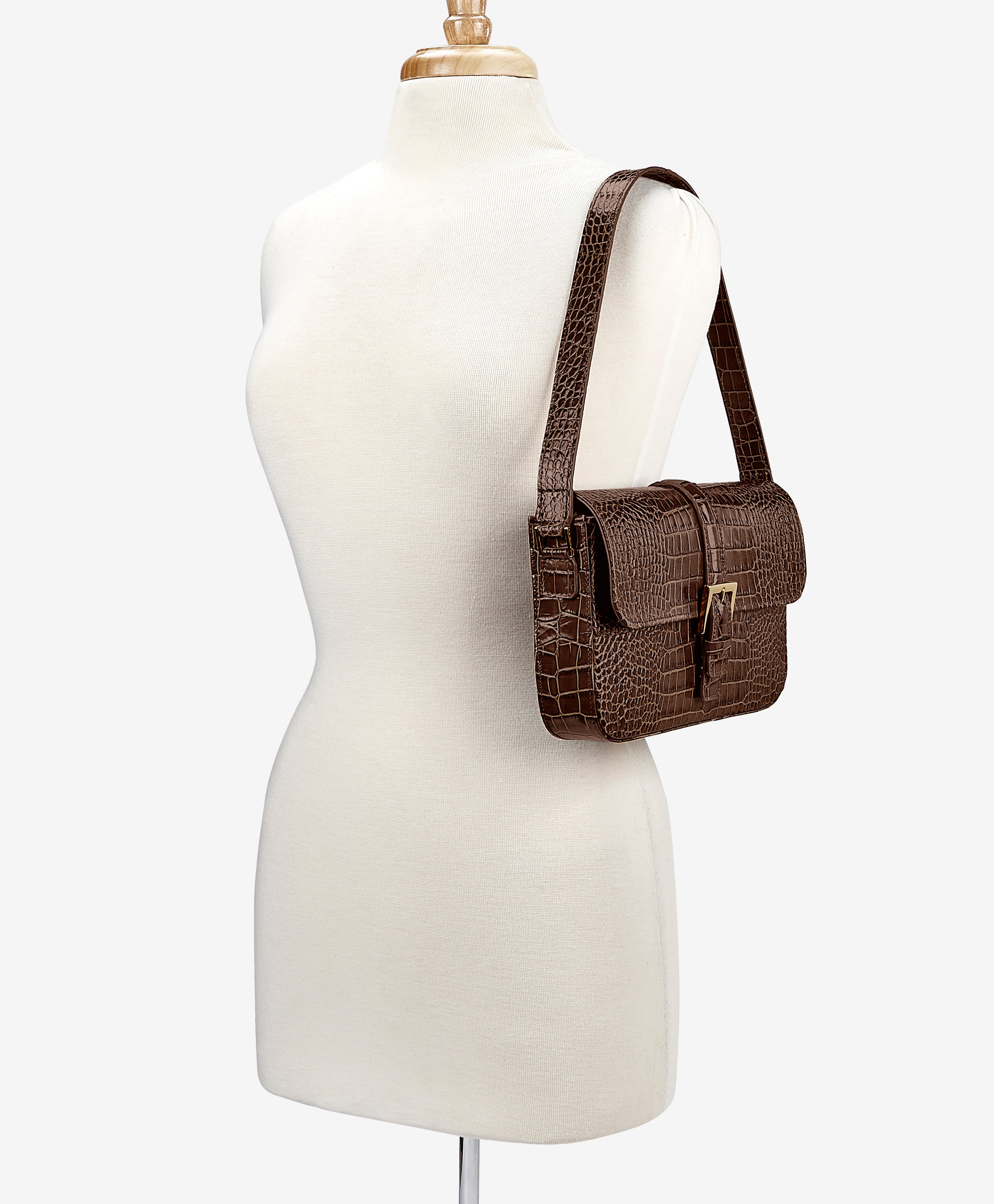 Margot Shoulder Bag Walnut Crocodile Embossed Leather