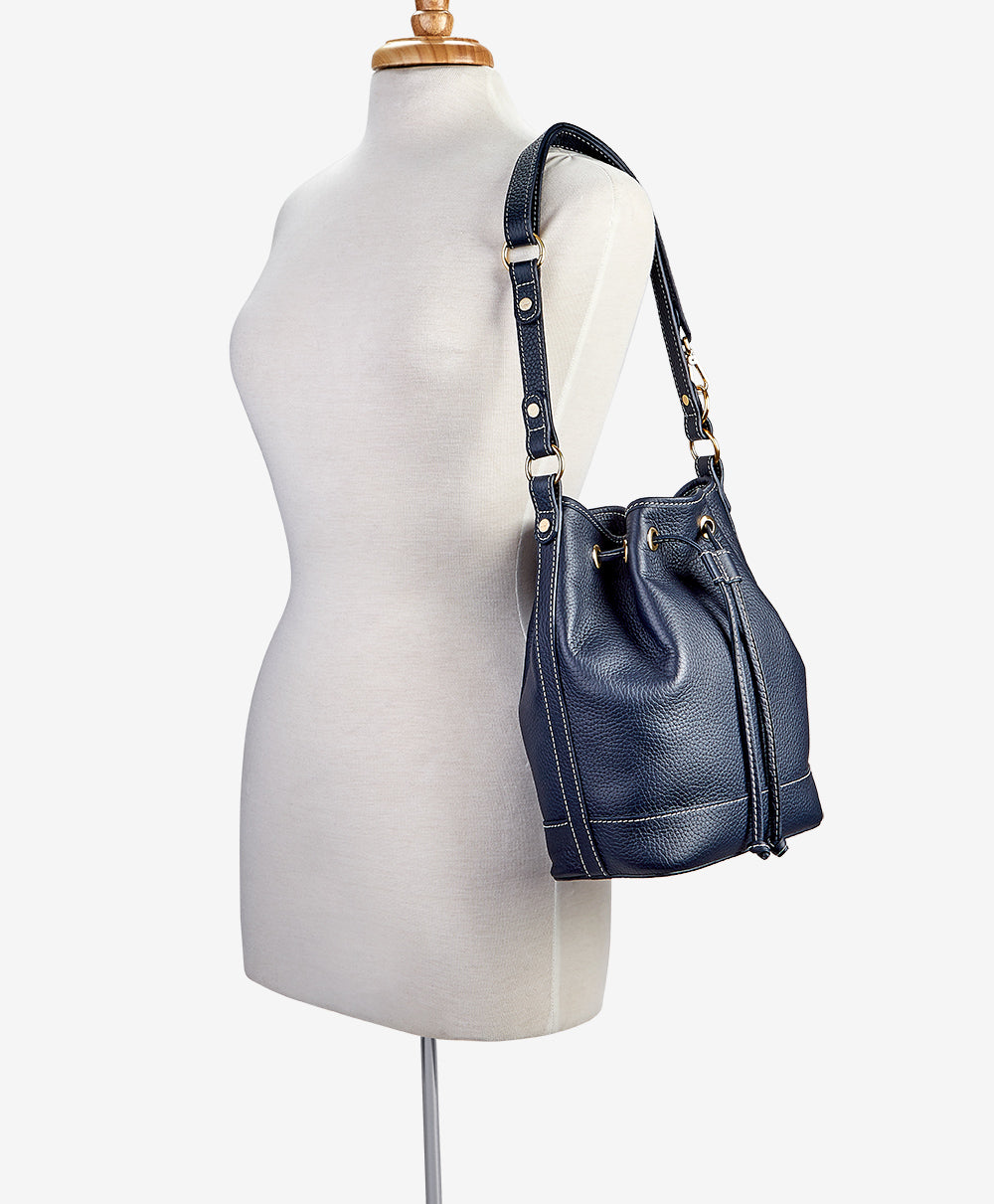 Cassie Bucket Bag Navy Pebble Grain Leather