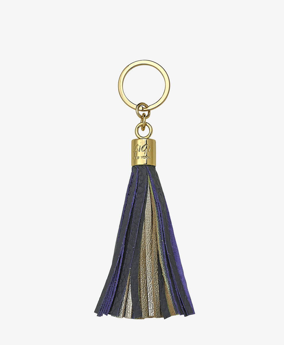 Leather Tassel Key Chain | Gold Navy and Leather